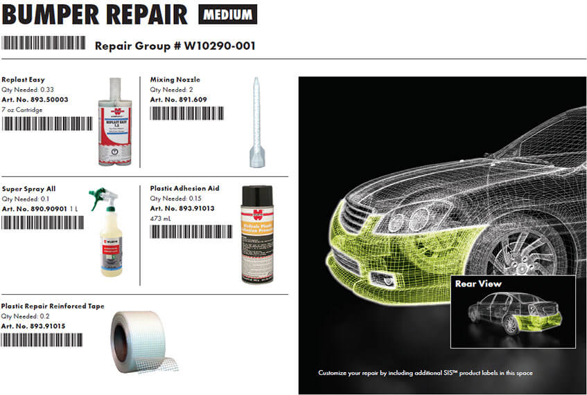 Group of products for bumper repair with a barcode